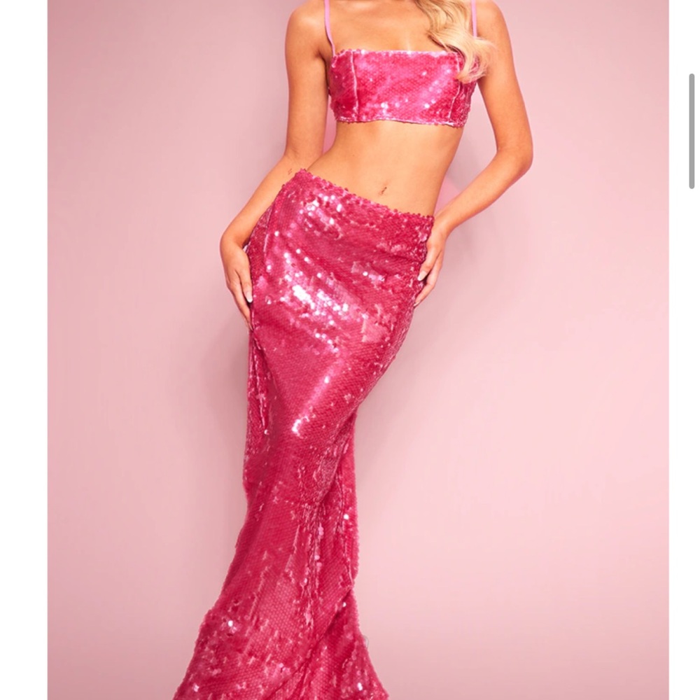 Prettylittlething Hot Pink Sheer Sequin High Waist Maxi Skirt